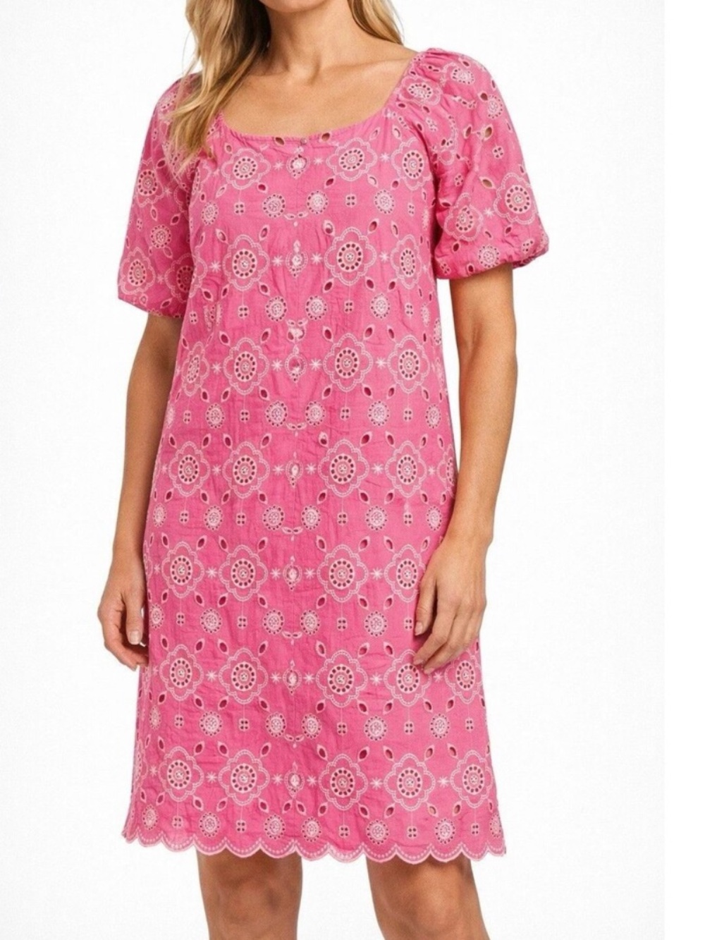Talbots Plus Pink Embroidered Eyelet Puffed Sleeve Shift Dress Sz 10